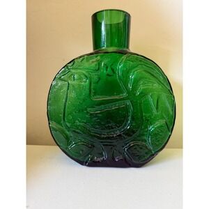 Vintage Green Midcentury Decanter or Vase Rooster and Sunflower Design